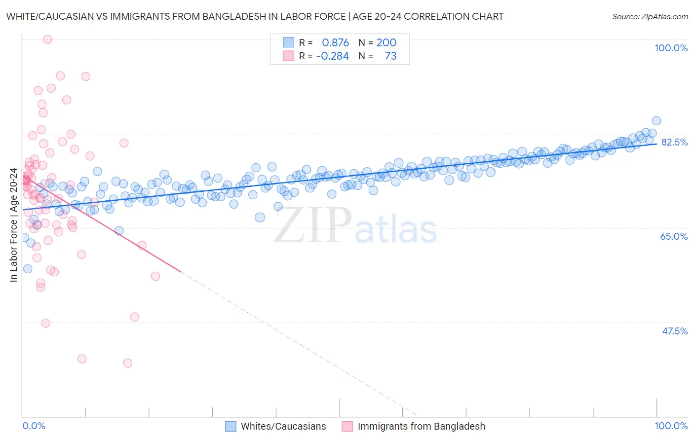White/Caucasian vs Immigrants from Bangladesh In Labor Force | Age 20-24