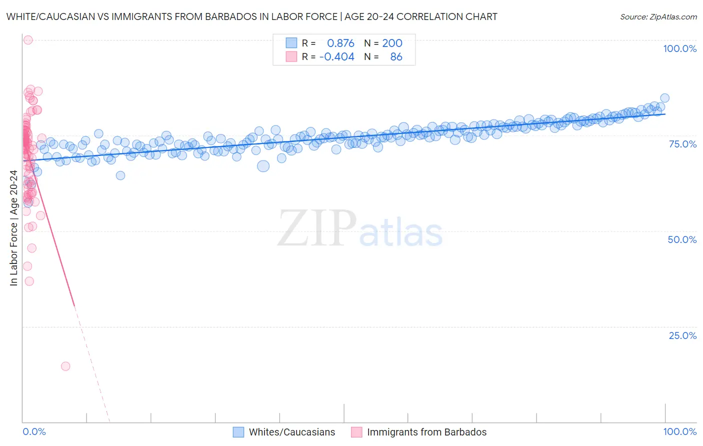 White/Caucasian vs Immigrants from Barbados In Labor Force | Age 20-24