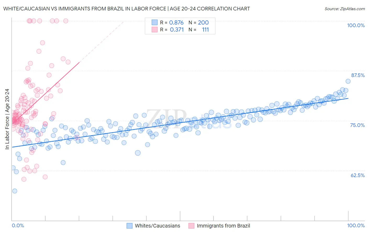 White/Caucasian vs Immigrants from Brazil In Labor Force | Age 20-24