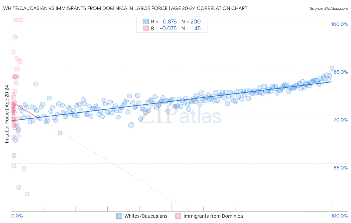 White/Caucasian vs Immigrants from Dominica In Labor Force | Age 20-24
