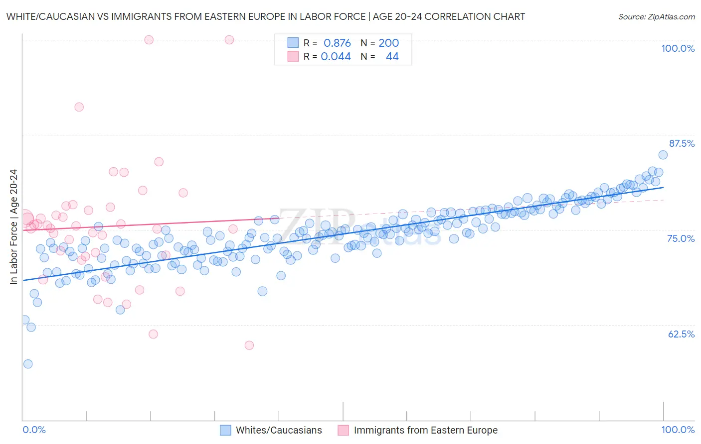 White/Caucasian vs Immigrants from Eastern Europe In Labor Force | Age 20-24