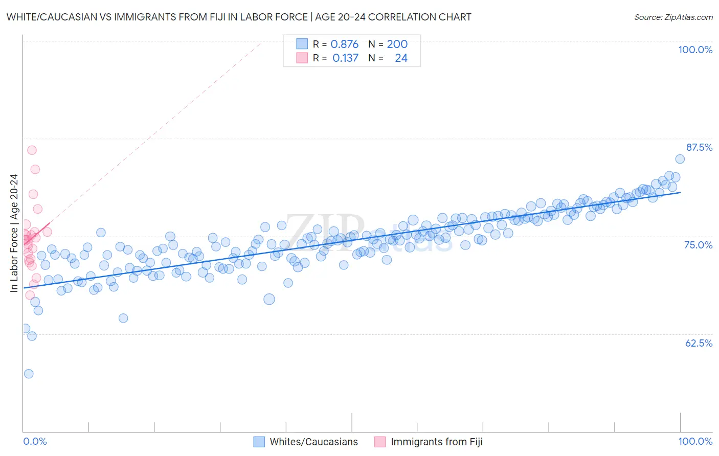 White/Caucasian vs Immigrants from Fiji In Labor Force | Age 20-24
