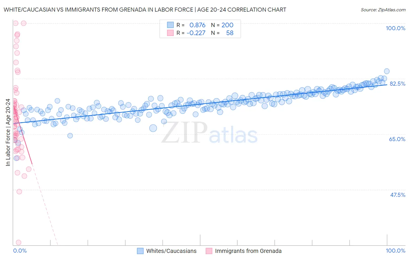 White/Caucasian vs Immigrants from Grenada In Labor Force | Age 20-24