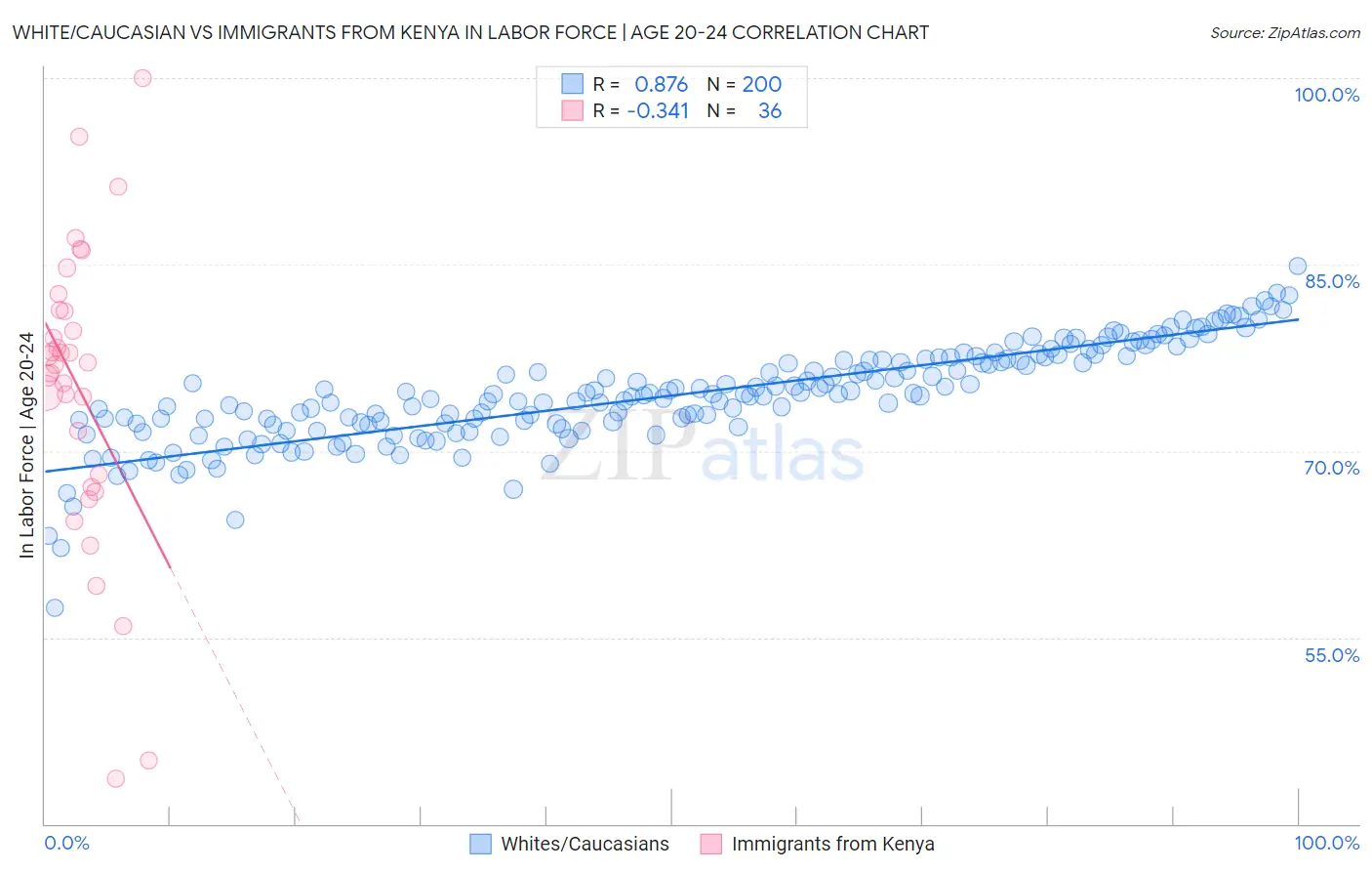 White/Caucasian vs Immigrants from Kenya In Labor Force | Age 20-24