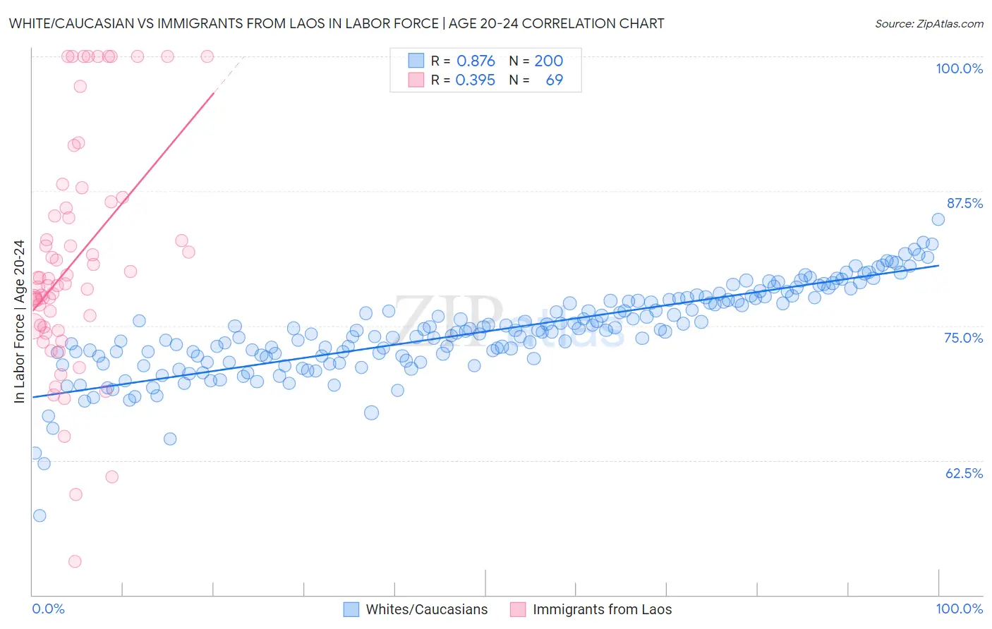 White/Caucasian vs Immigrants from Laos In Labor Force | Age 20-24