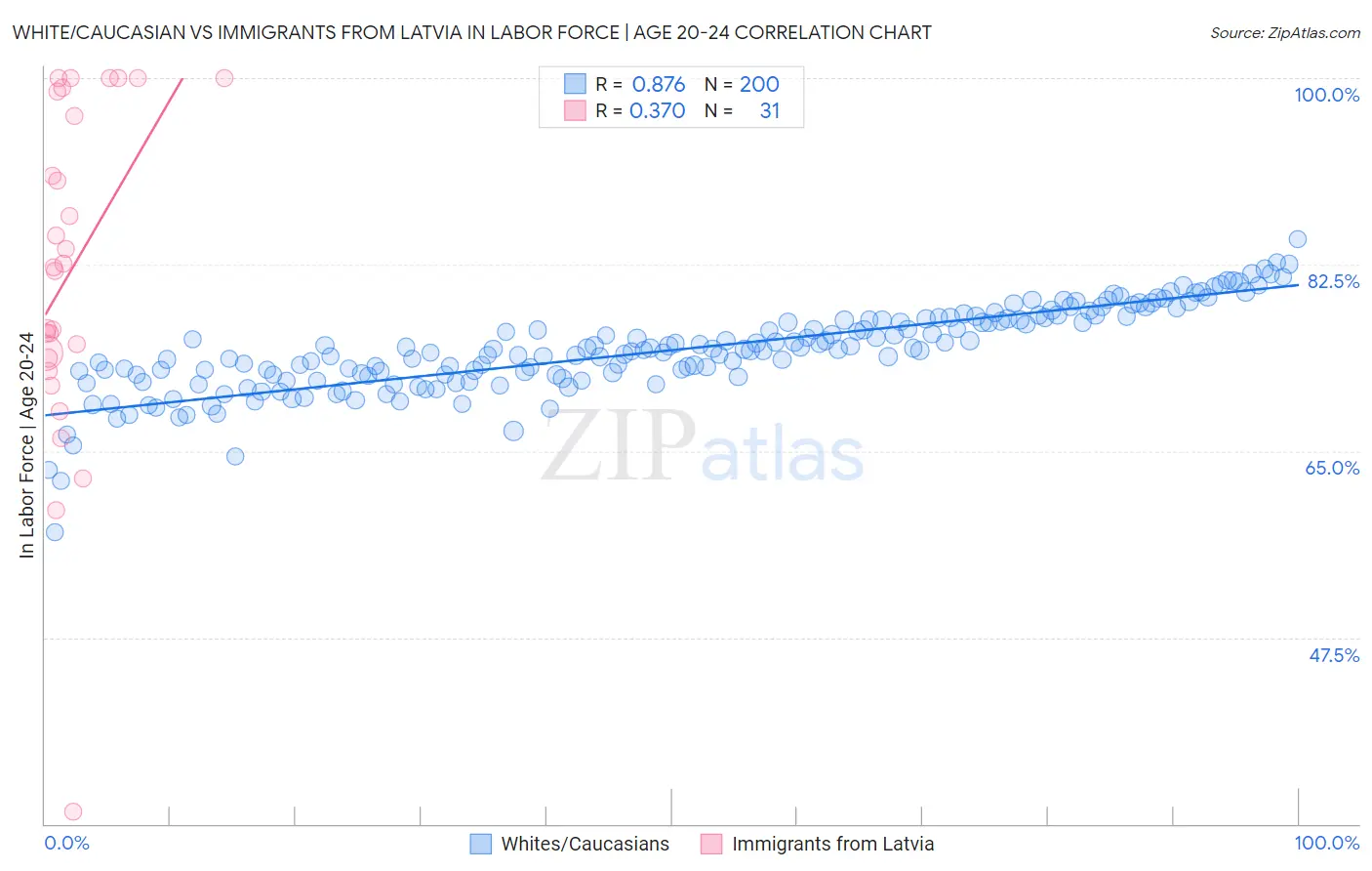 White/Caucasian vs Immigrants from Latvia In Labor Force | Age 20-24