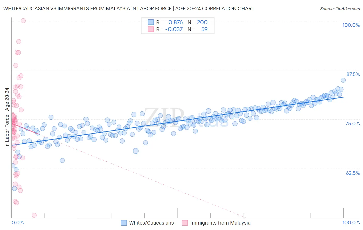 White/Caucasian vs Immigrants from Malaysia In Labor Force | Age 20-24