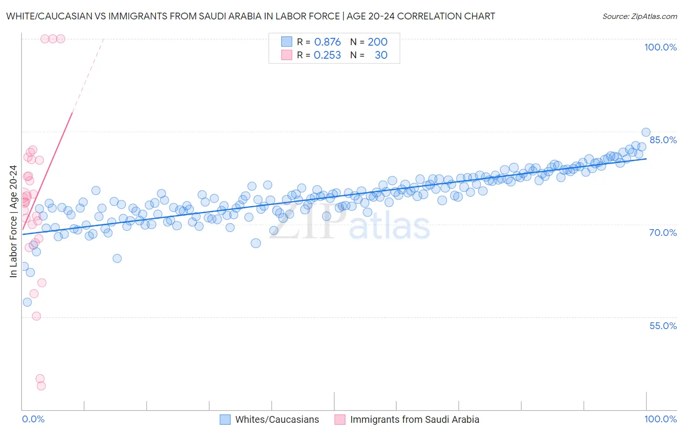 White/Caucasian vs Immigrants from Saudi Arabia In Labor Force | Age 20-24