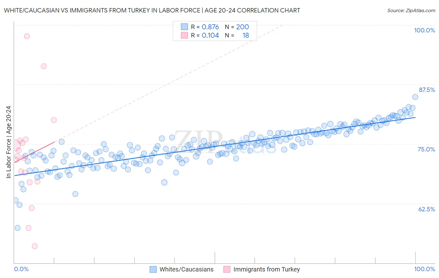 White/Caucasian vs Immigrants from Turkey In Labor Force | Age 20-24