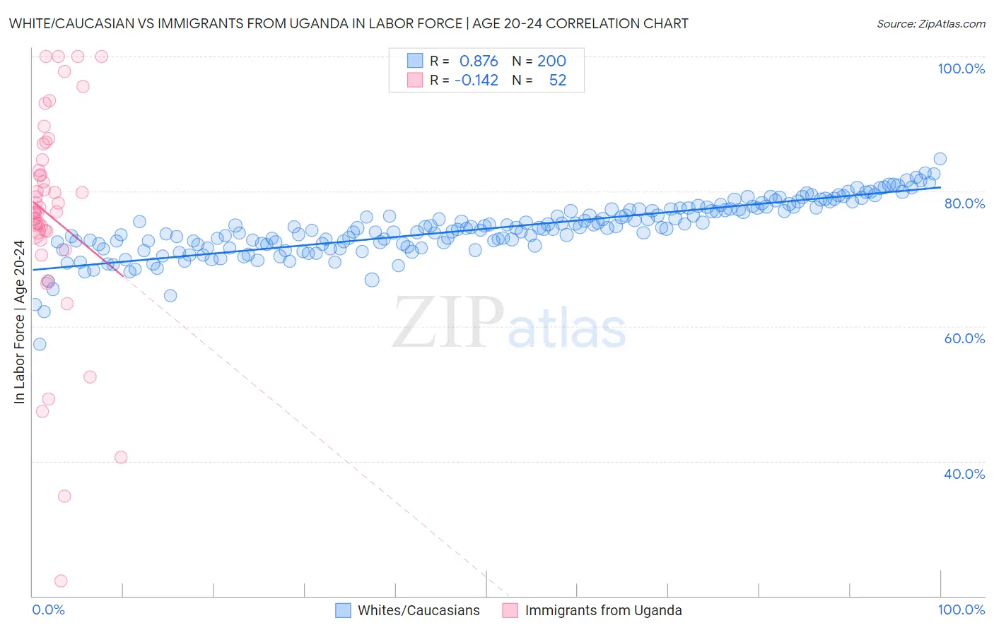 White/Caucasian vs Immigrants from Uganda In Labor Force | Age 20-24