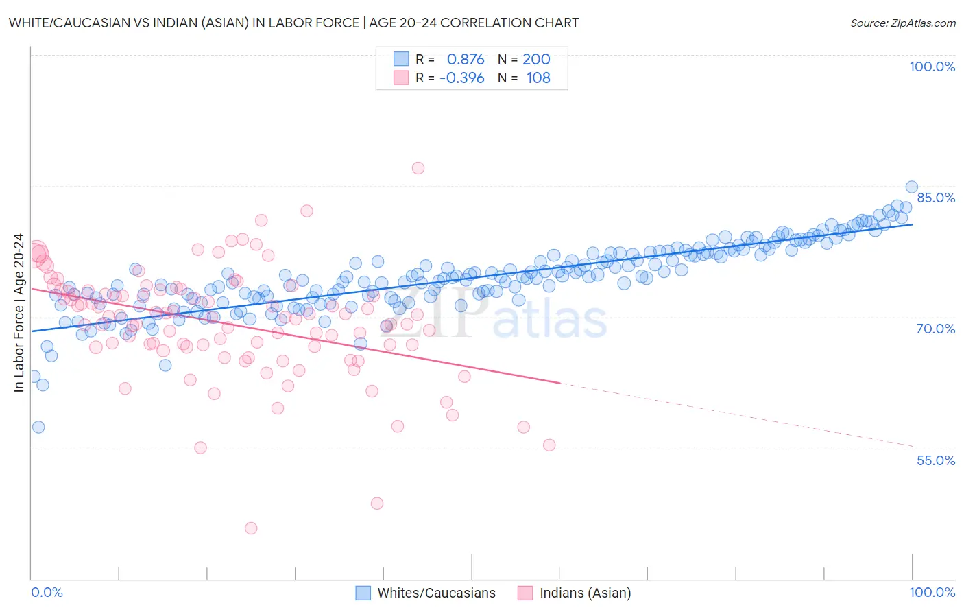 White/Caucasian vs Indian (Asian) In Labor Force | Age 20-24