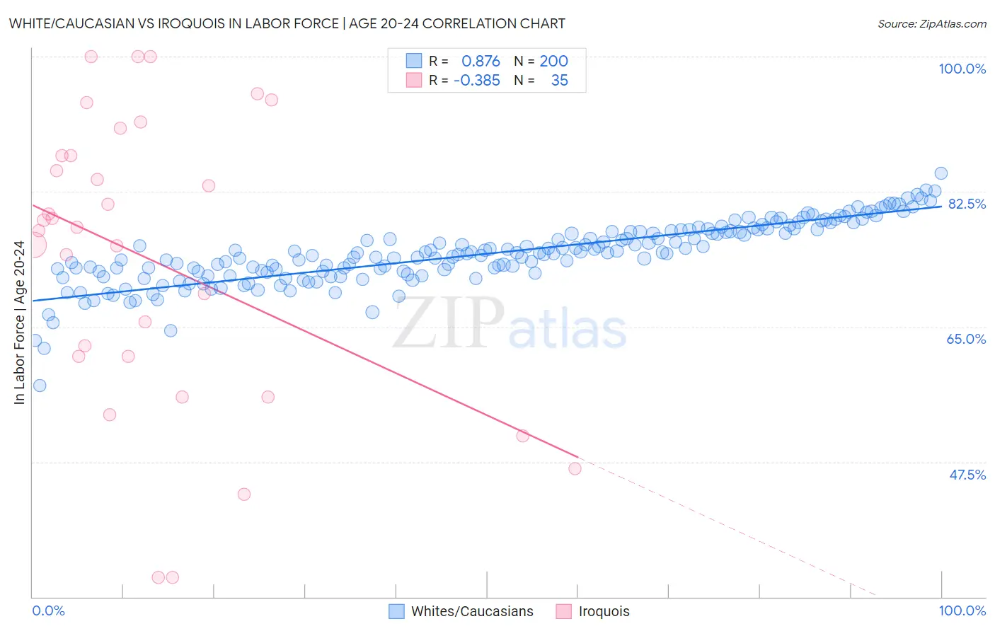 White/Caucasian vs Iroquois In Labor Force | Age 20-24