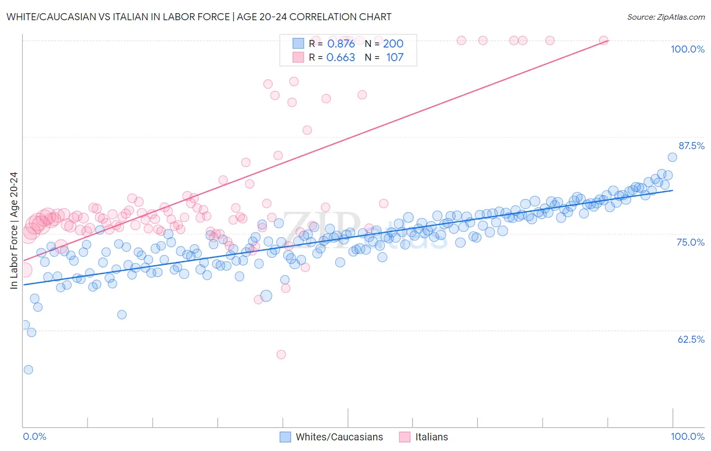 White/Caucasian vs Italian In Labor Force | Age 20-24