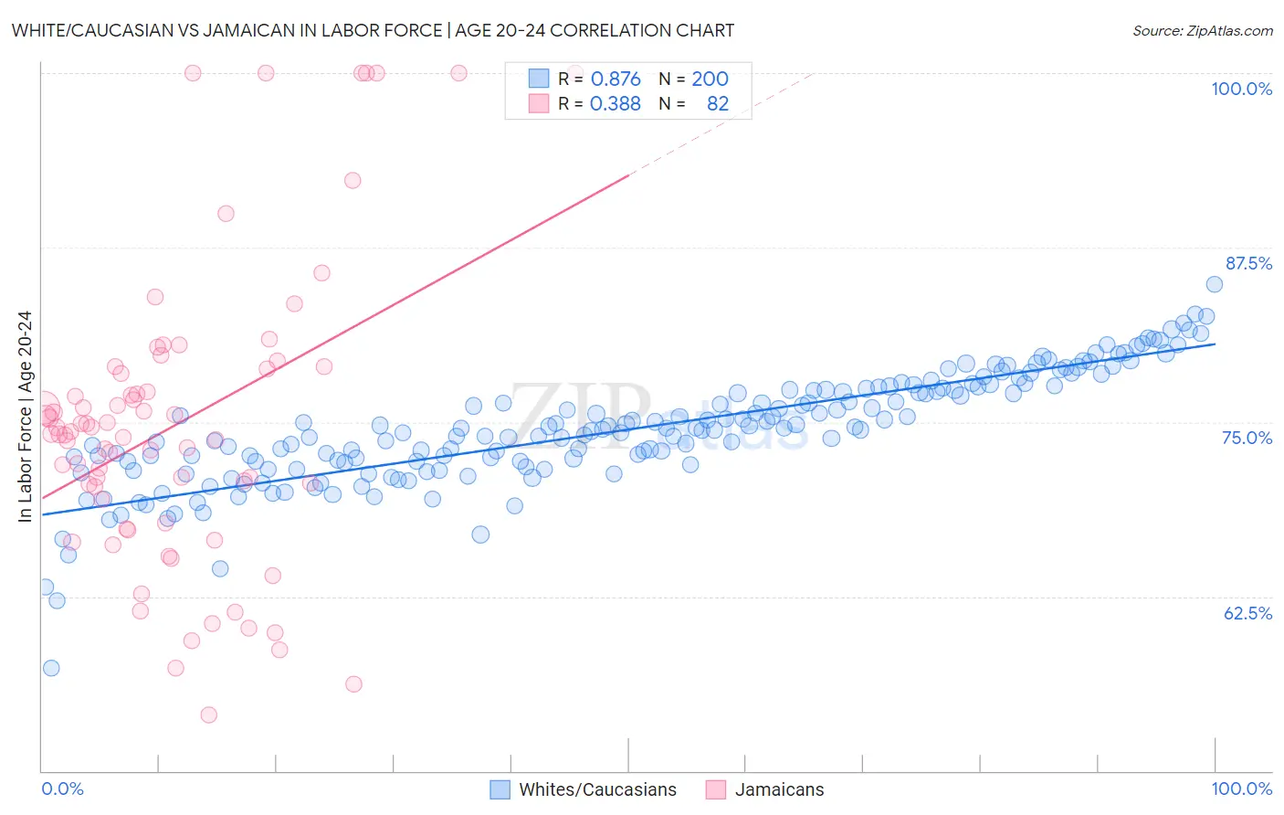 White/Caucasian vs Jamaican In Labor Force | Age 20-24