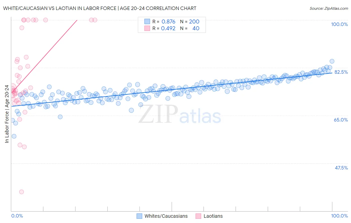 White/Caucasian vs Laotian In Labor Force | Age 20-24