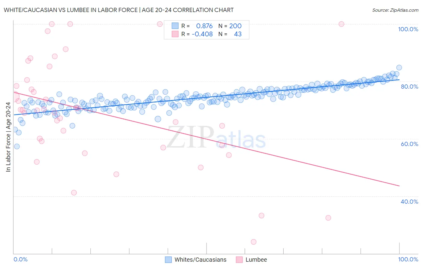 White/Caucasian vs Lumbee In Labor Force | Age 20-24