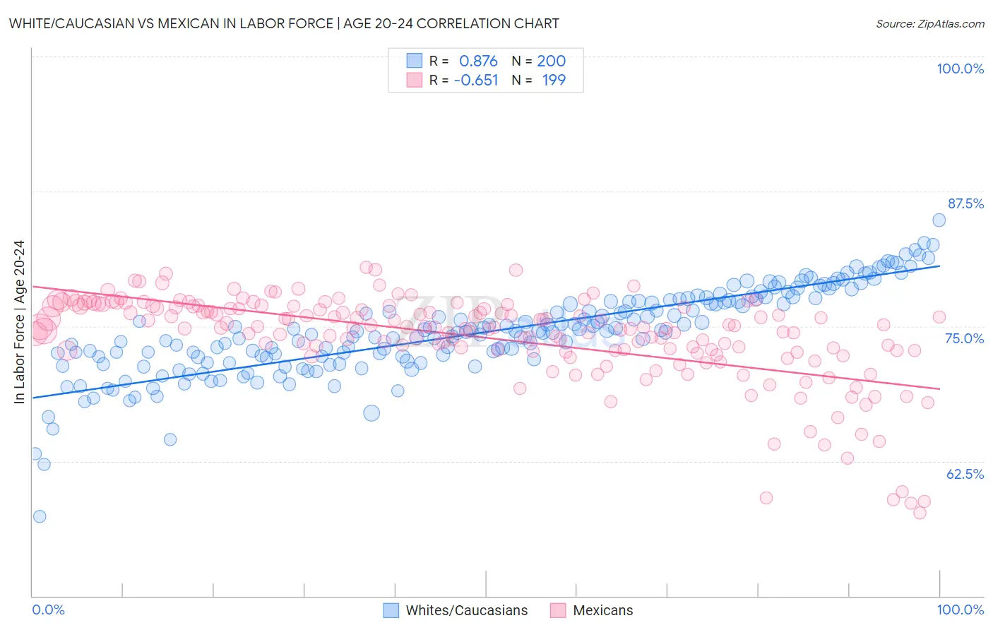 White/Caucasian vs Mexican In Labor Force | Age 20-24
