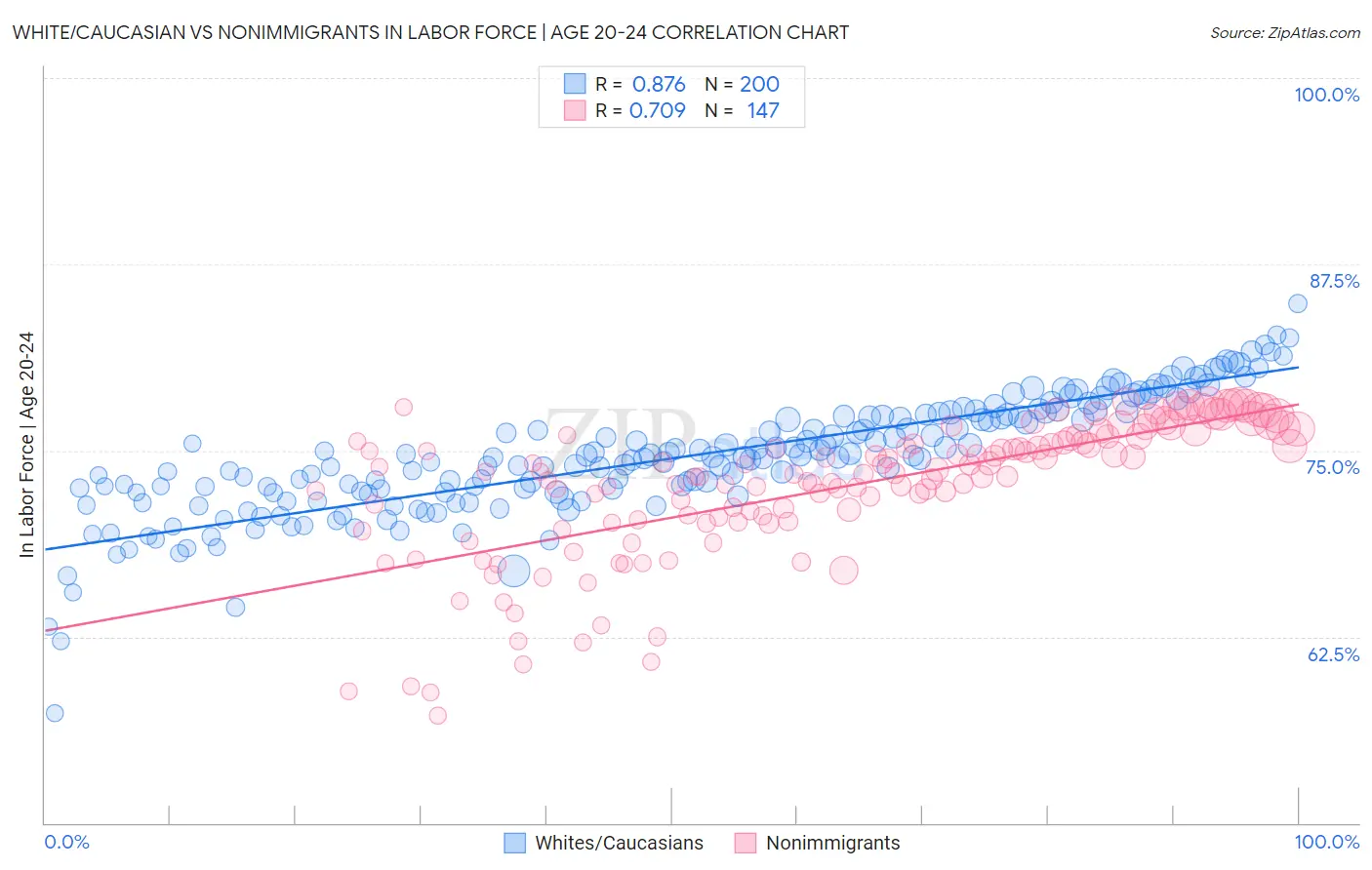 White/Caucasian vs Nonimmigrants In Labor Force | Age 20-24