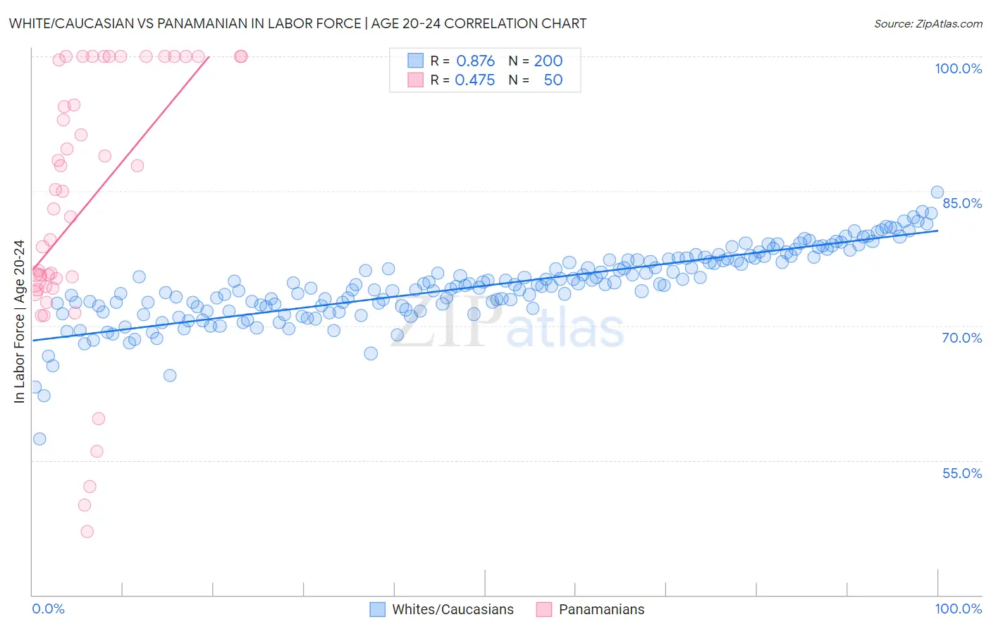 White/Caucasian vs Panamanian In Labor Force | Age 20-24