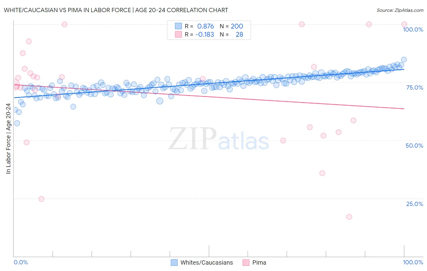 White/Caucasian vs Pima In Labor Force | Age 20-24