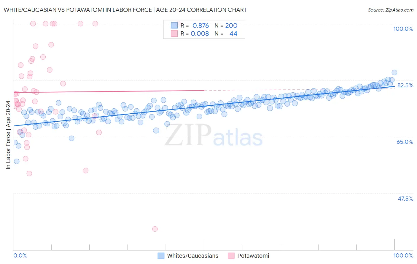 White/Caucasian vs Potawatomi In Labor Force | Age 20-24