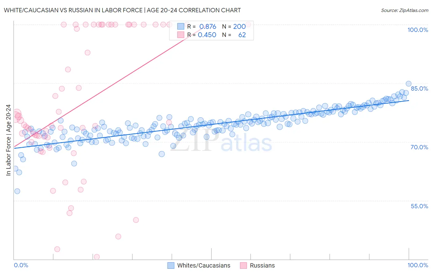 White/Caucasian vs Russian In Labor Force | Age 20-24