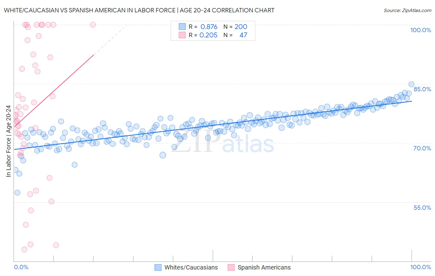 White/Caucasian vs Spanish American In Labor Force | Age 20-24