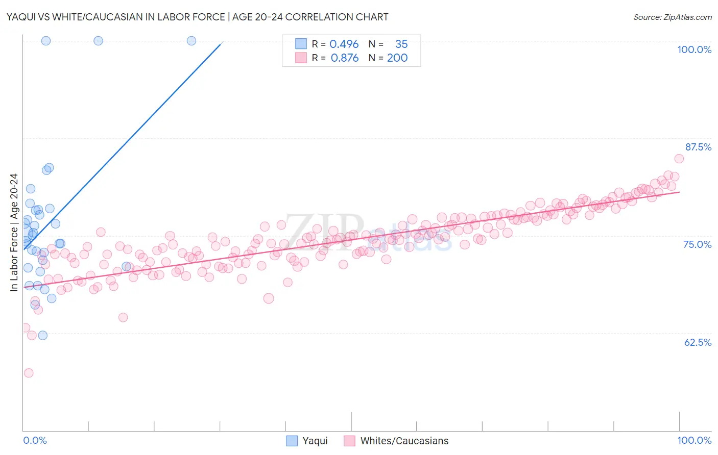 Yaqui vs White/Caucasian In Labor Force | Age 20-24