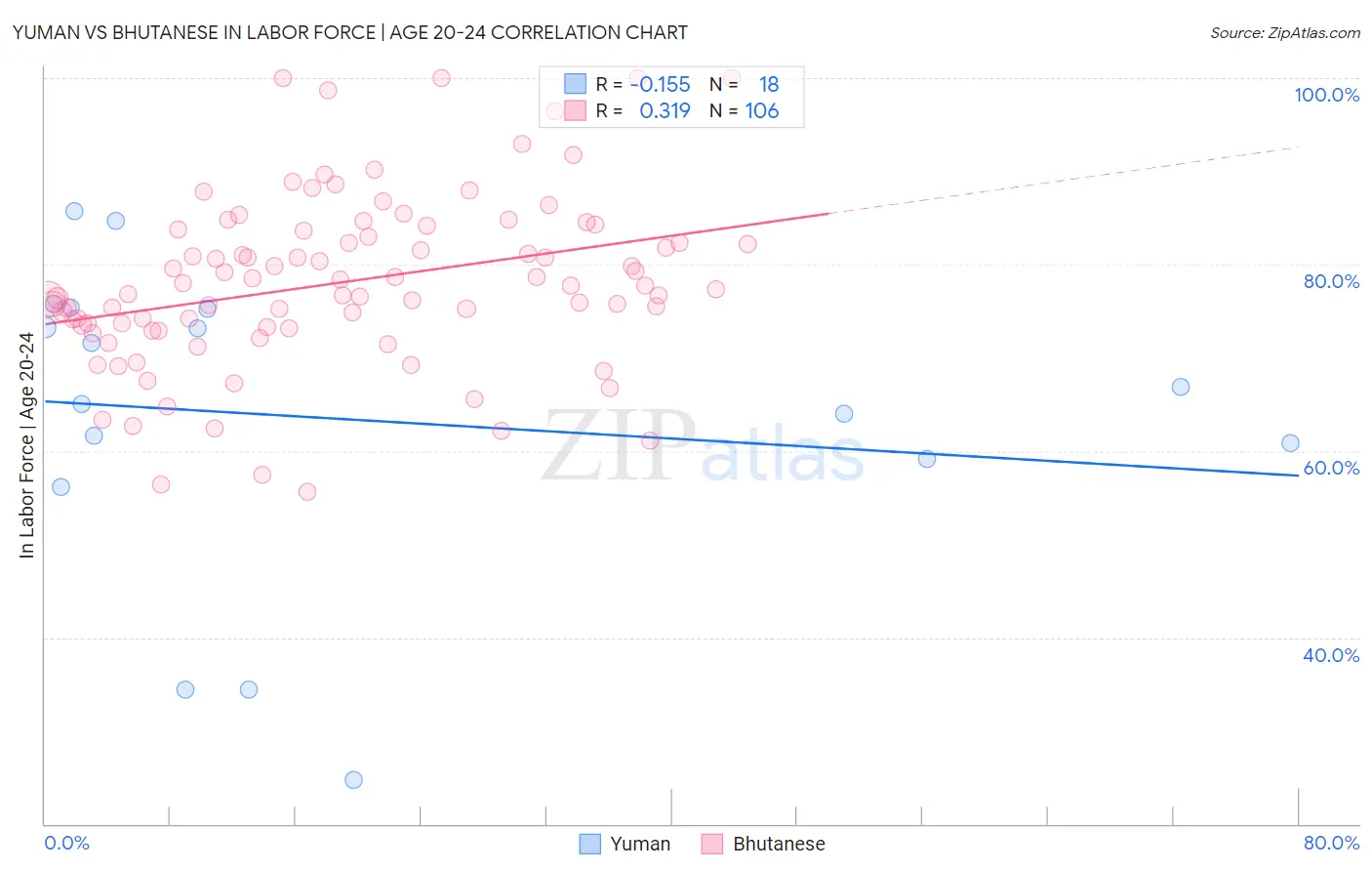 Yuman vs Bhutanese In Labor Force | Age 20-24