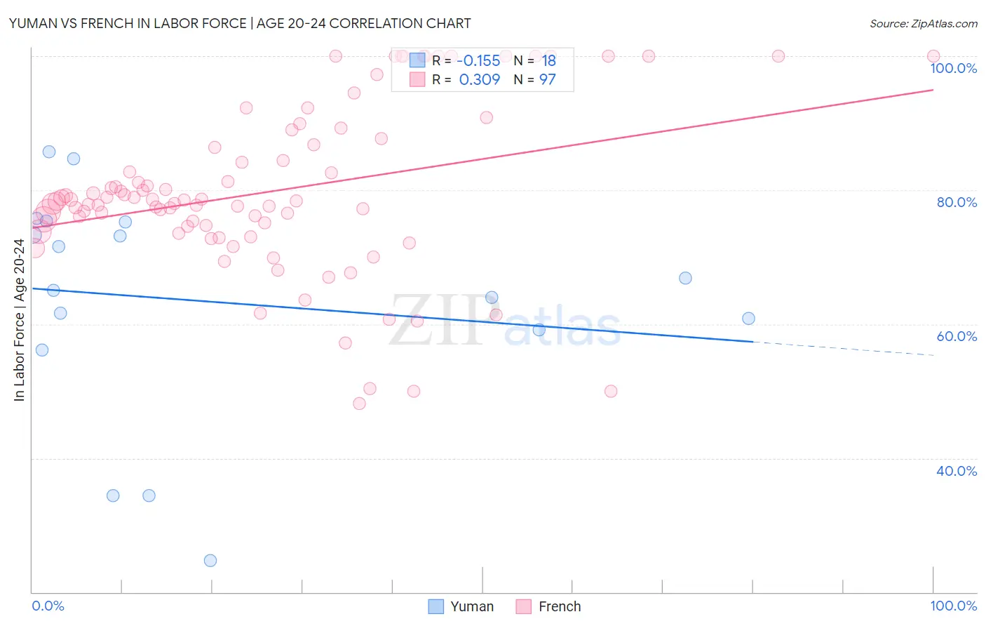 Yuman vs French In Labor Force | Age 20-24