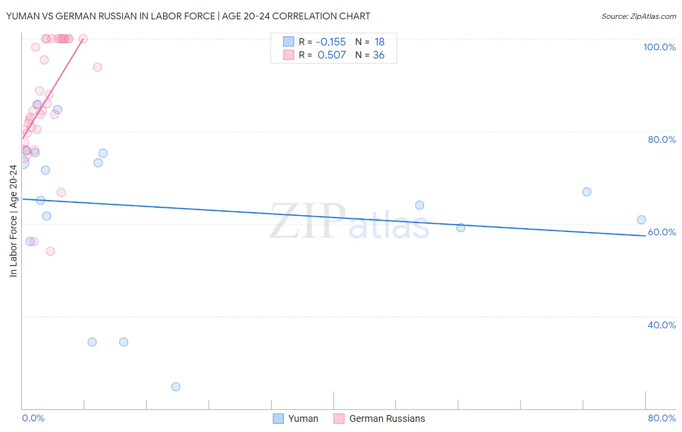 Yuman vs German Russian In Labor Force | Age 20-24
