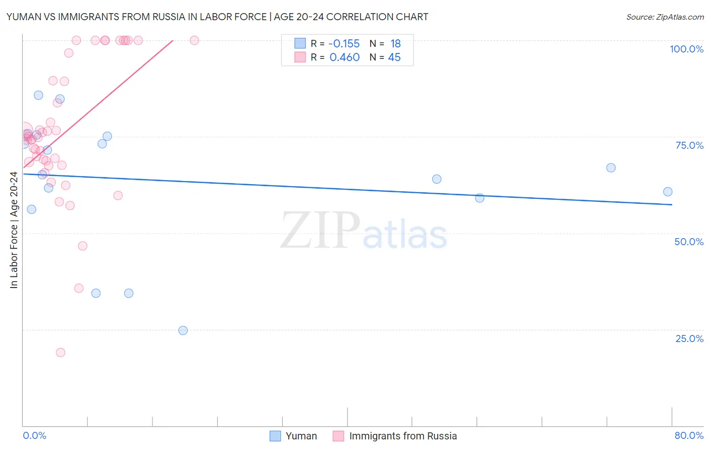 Yuman vs Immigrants from Russia In Labor Force | Age 20-24