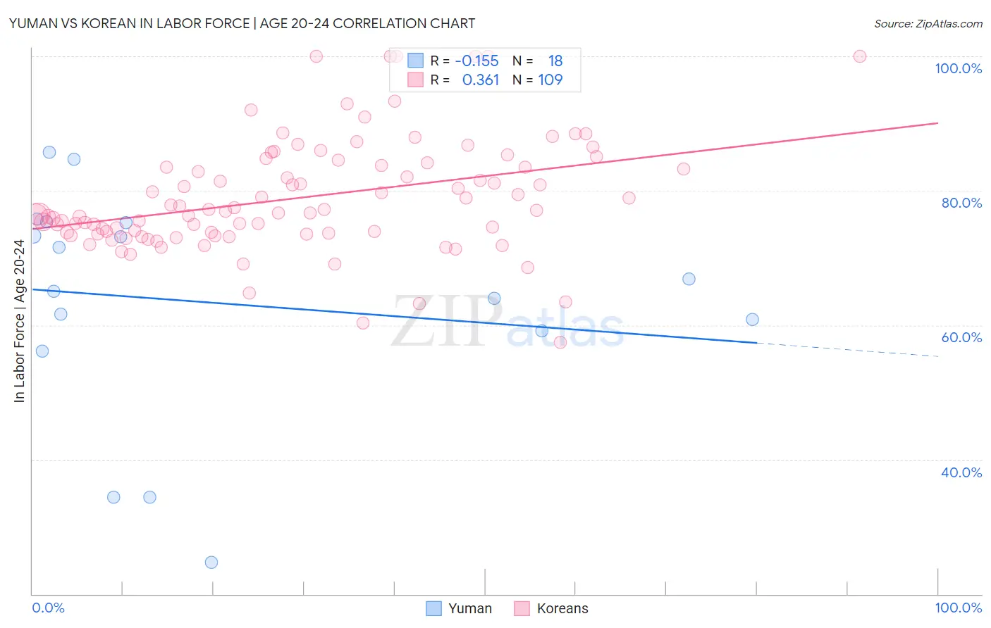 Yuman vs Korean In Labor Force | Age 20-24