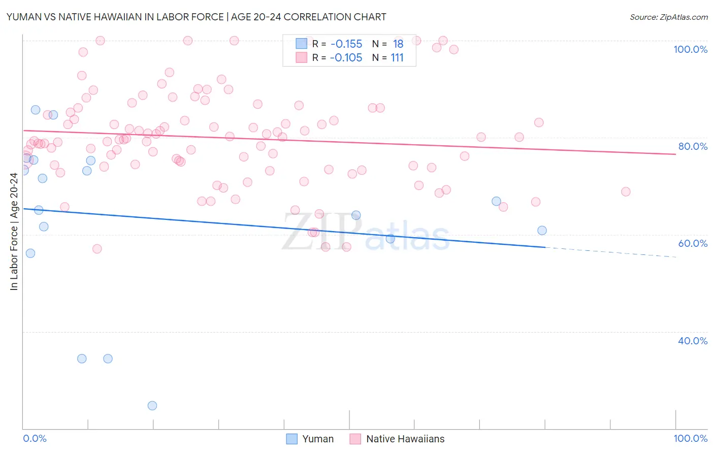 Yuman vs Native Hawaiian In Labor Force | Age 20-24