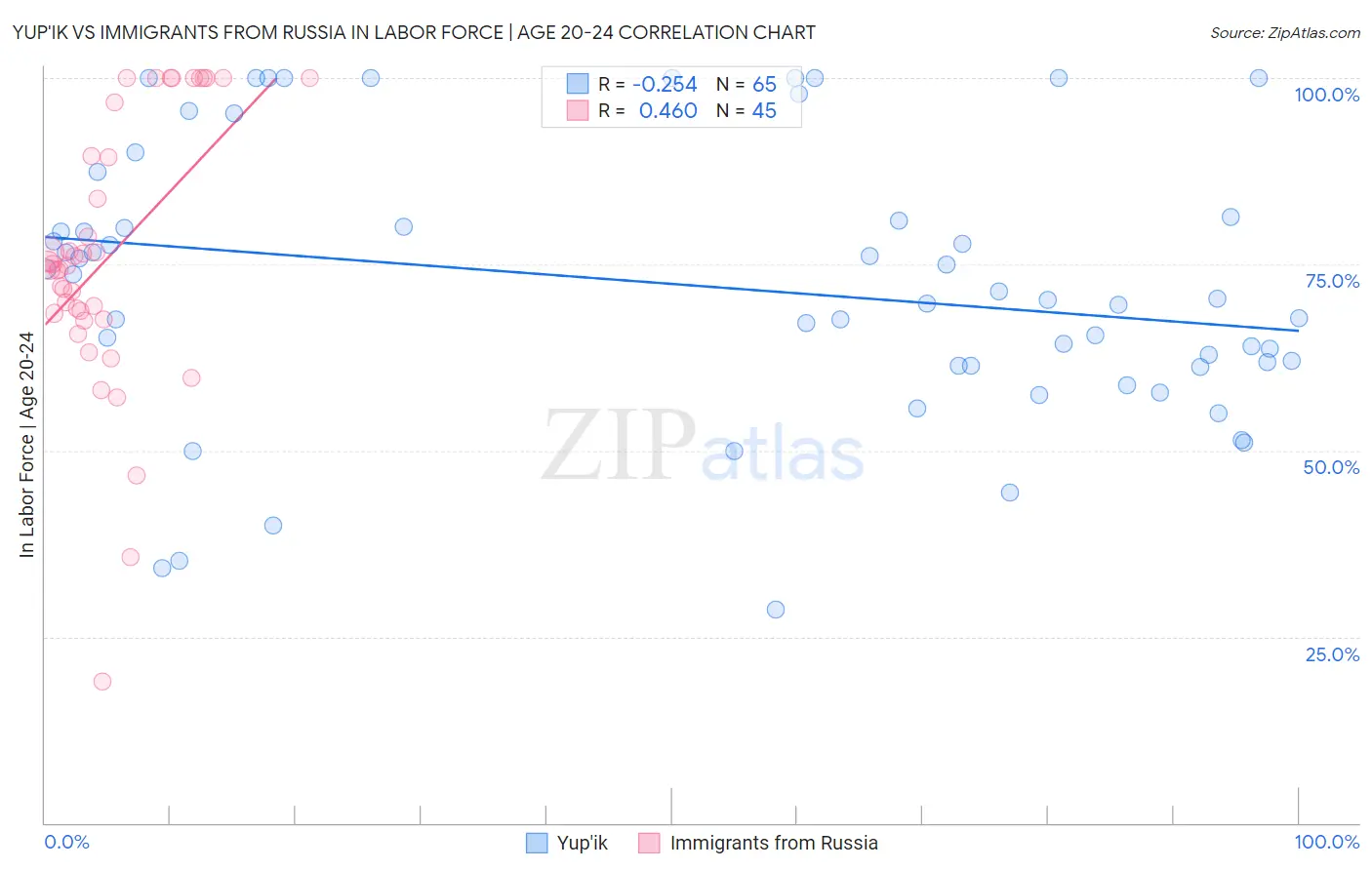 Yup'ik vs Immigrants from Russia In Labor Force | Age 20-24