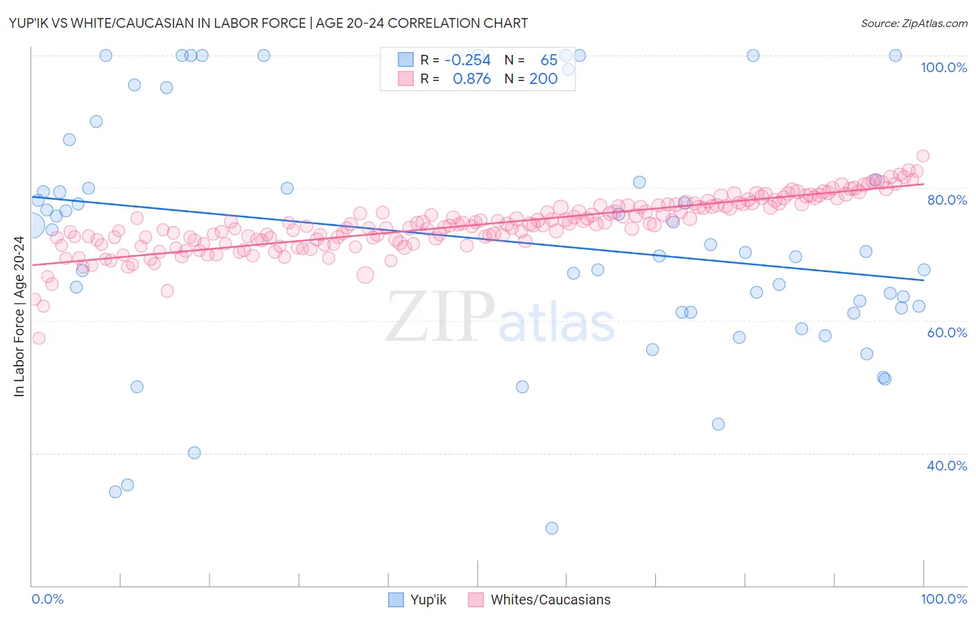 Yup'ik vs White/Caucasian In Labor Force | Age 20-24