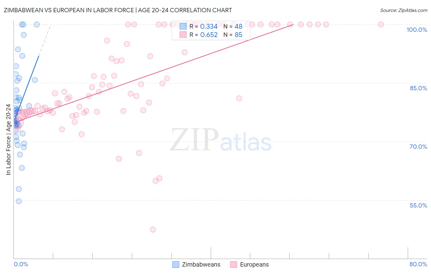 Zimbabwean vs European In Labor Force | Age 20-24