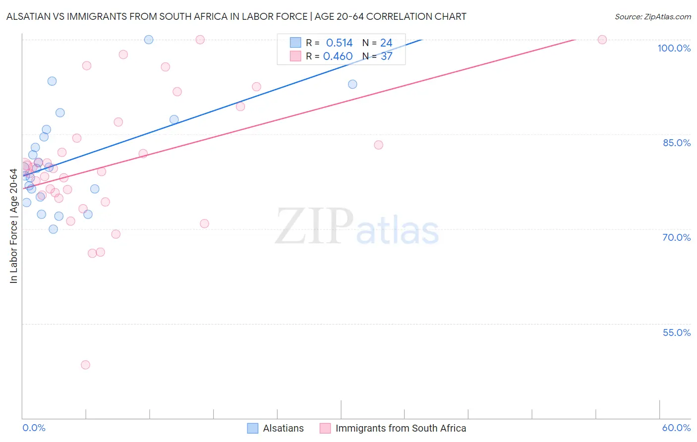 Alsatian vs Immigrants from South Africa In Labor Force | Age 20-64
