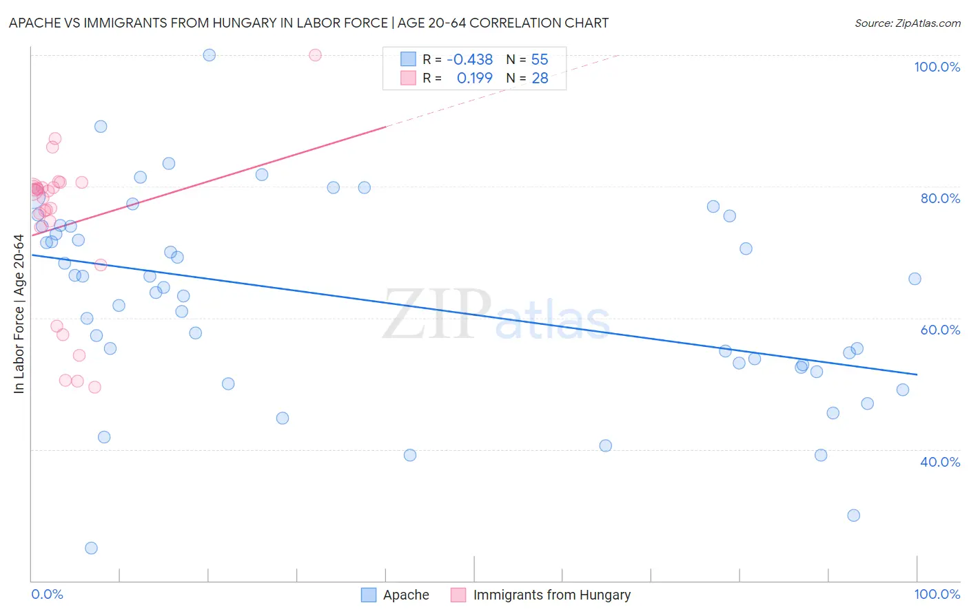 Apache vs Immigrants from Hungary In Labor Force | Age 20-64