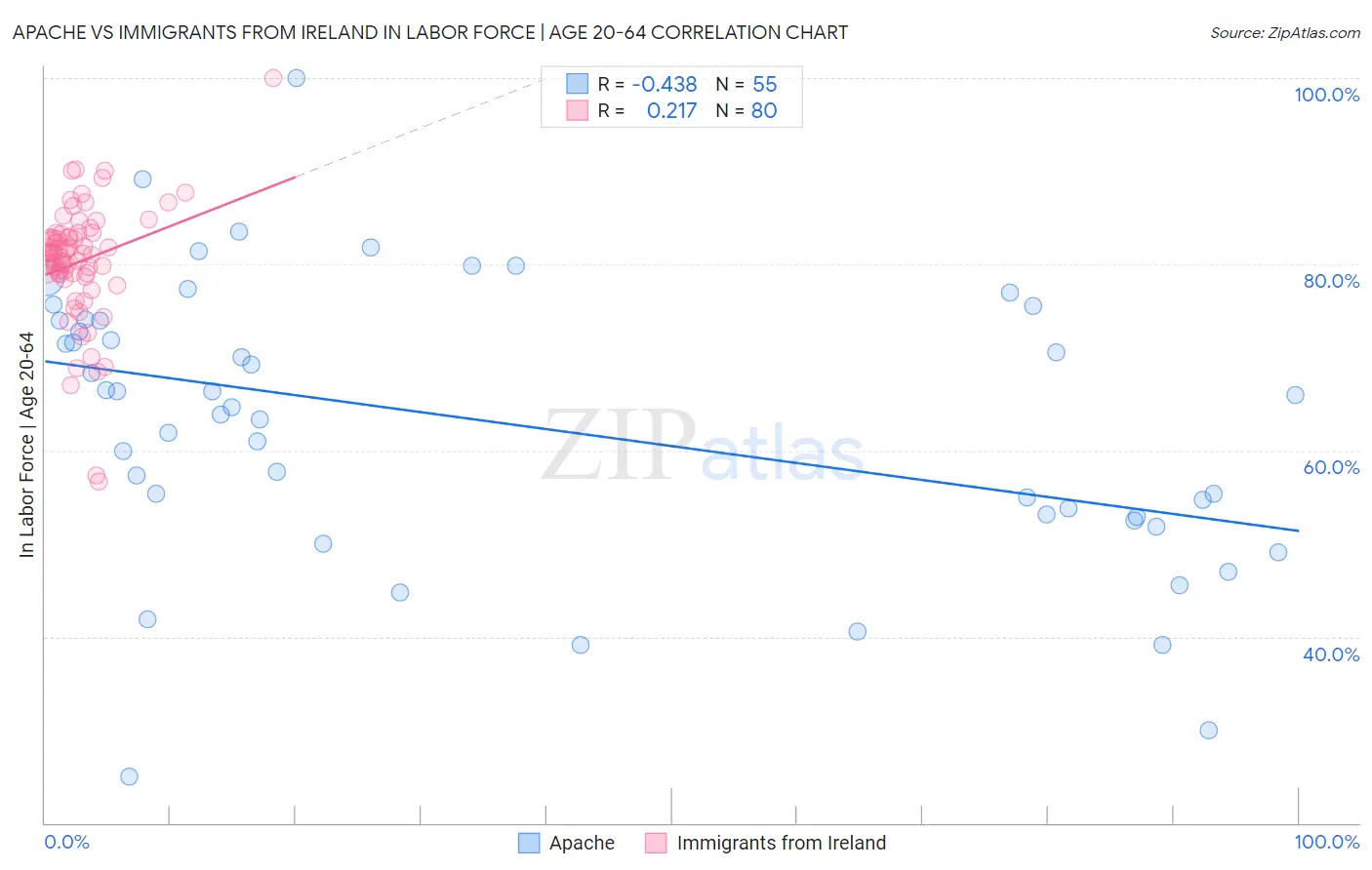 Apache vs Immigrants from Ireland In Labor Force | Age 20-64