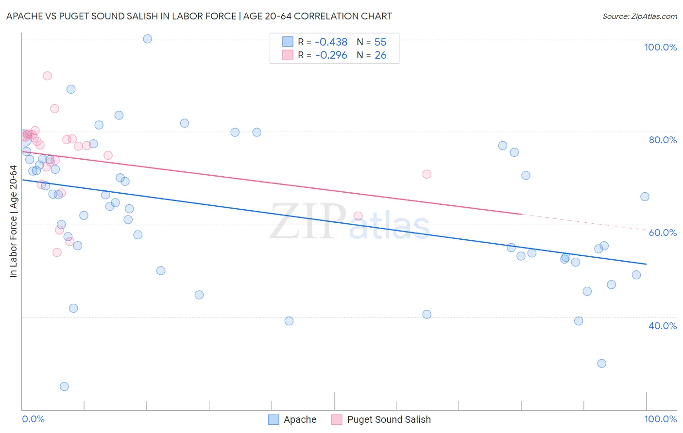 Apache vs Puget Sound Salish In Labor Force | Age 20-64
