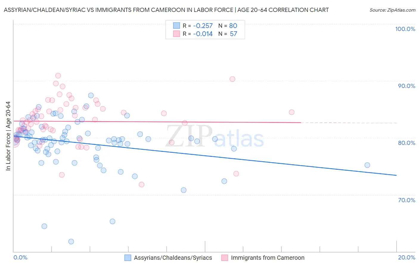 Assyrian/Chaldean/Syriac vs Immigrants from Cameroon In Labor Force | Age 20-64