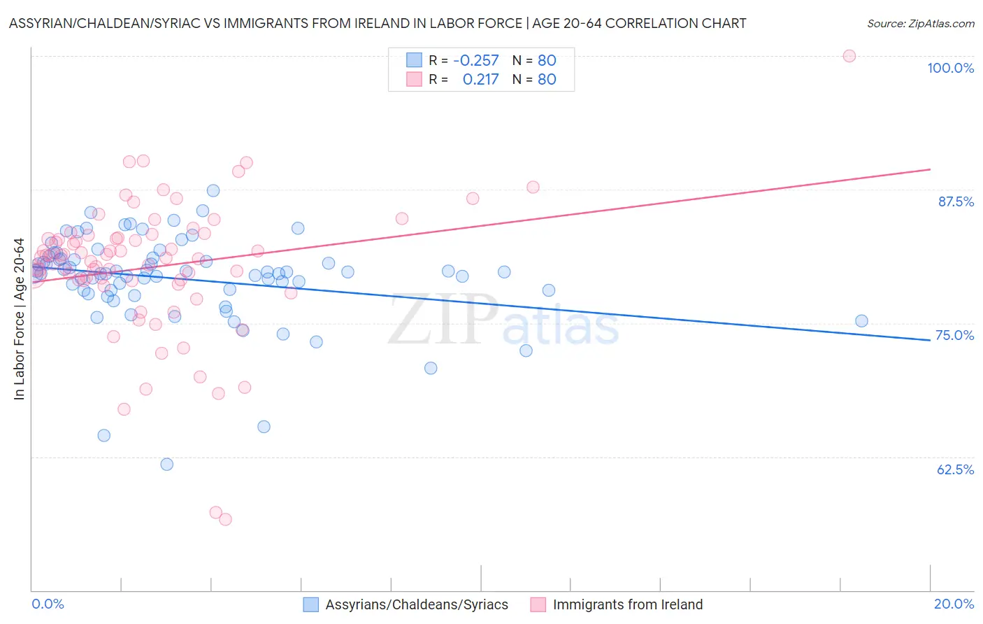Assyrian/Chaldean/Syriac vs Immigrants from Ireland In Labor Force | Age 20-64