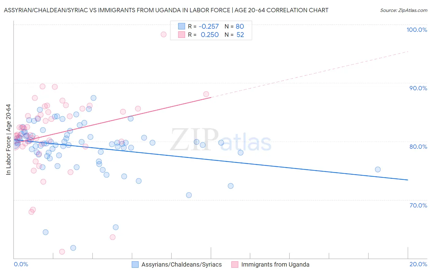 Assyrian/Chaldean/Syriac vs Immigrants from Uganda In Labor Force | Age 20-64
