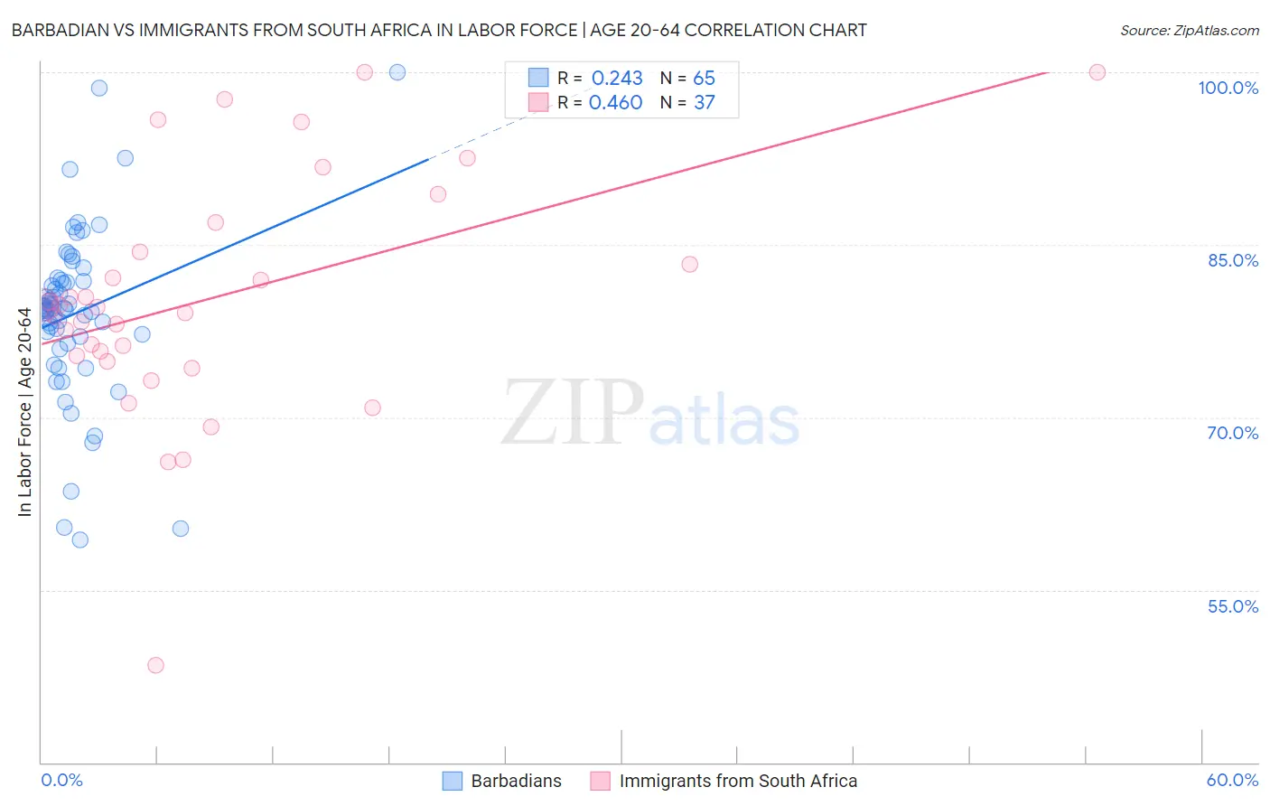 Barbadian vs Immigrants from South Africa In Labor Force | Age 20-64