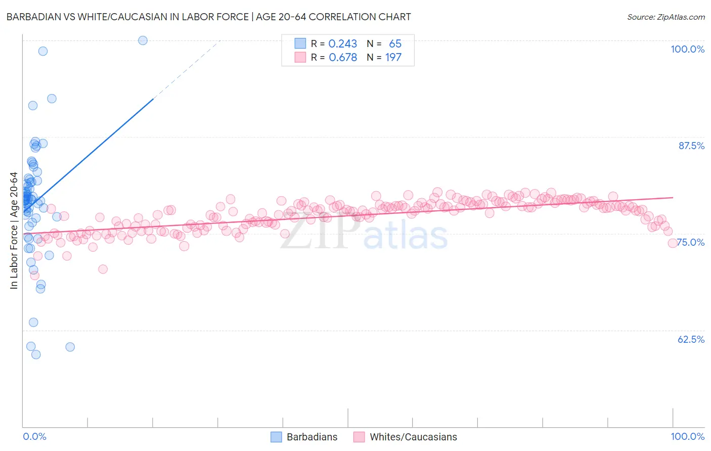 Barbadian vs White/Caucasian In Labor Force | Age 20-64