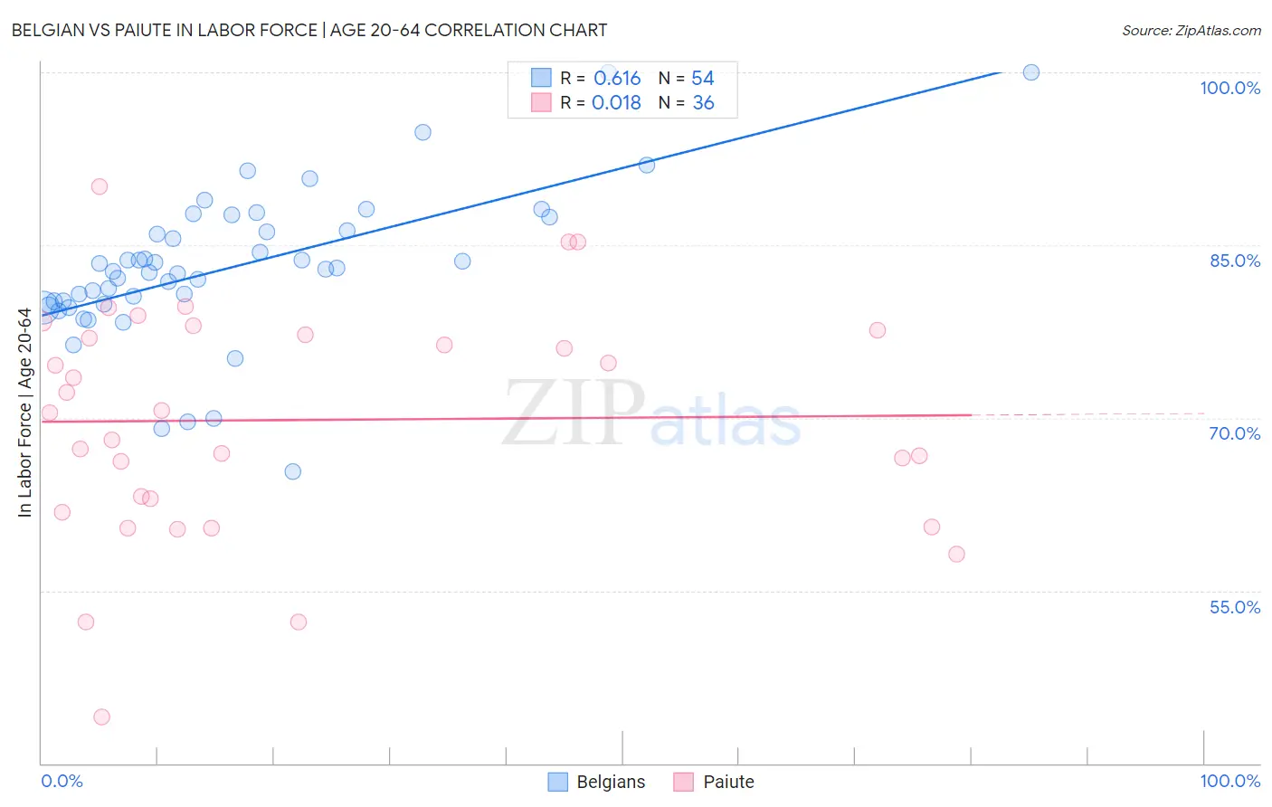 Belgian vs Paiute In Labor Force | Age 20-64
