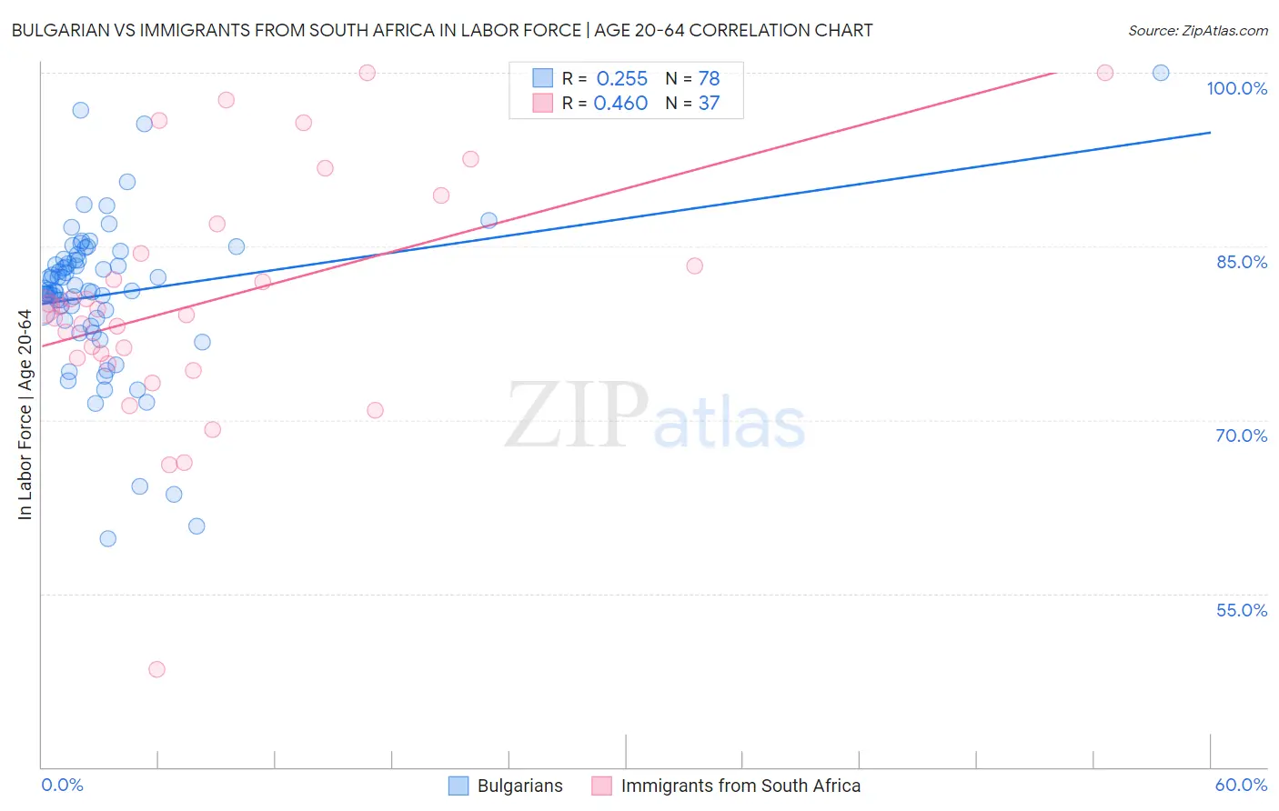 Bulgarian vs Immigrants from South Africa In Labor Force | Age 20-64