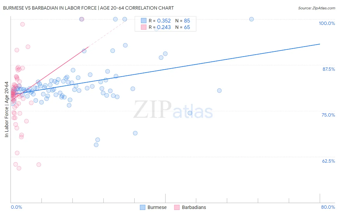 Burmese vs Barbadian In Labor Force | Age 20-64