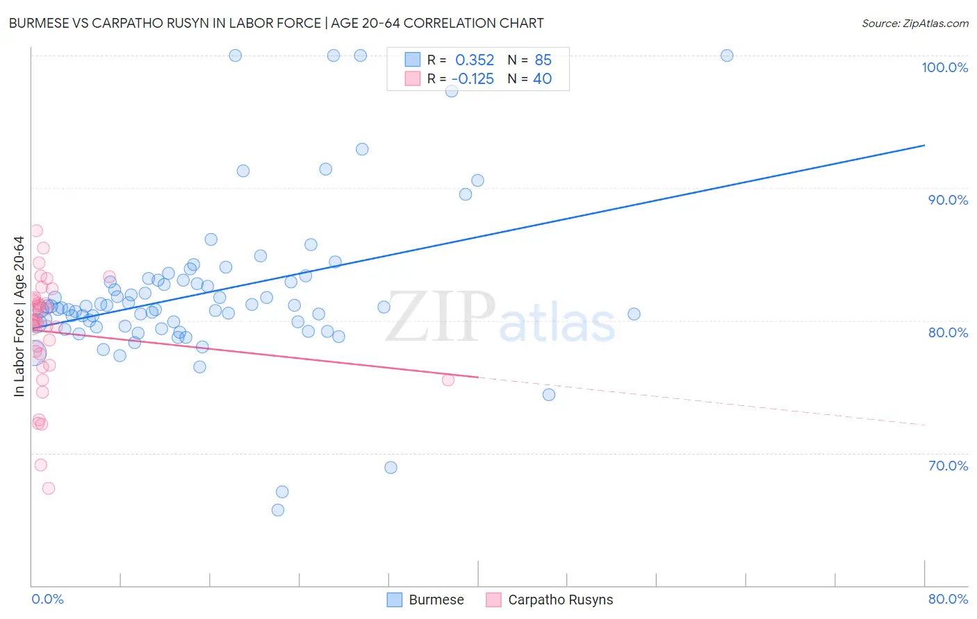 Burmese vs Carpatho Rusyn In Labor Force | Age 20-64